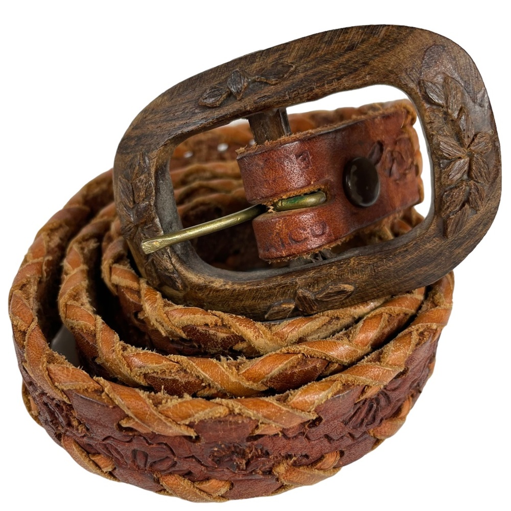 Unique Wooden Buckled Hand-carved Hand-Tooled Genuine Leather Western Braid Belt